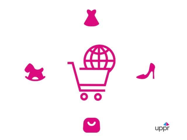 Ein Einkaufswagen mit Weltkugel steht in der Mitte und ist von Temu-Icons umgeben