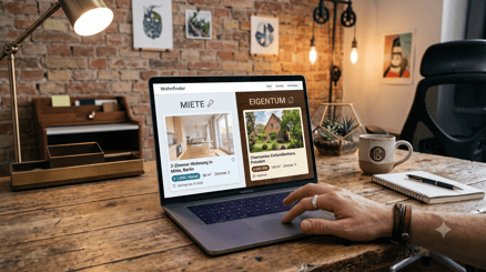 Laptop auf einem Holzschreibtisch zeigt eine Immobilien-Website, links steht „Miete