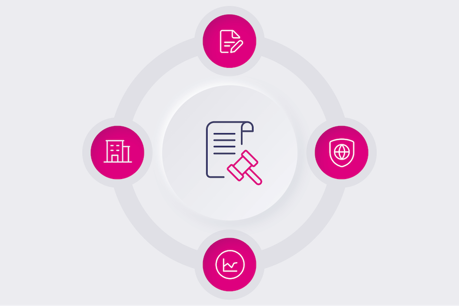  Icon eines Gesetzesdokuments mit Haken und Richterhammer, umgeben von vier Sybolen – Gewerbe, Kennzeichnungspflicht, DSGVO und Tracking