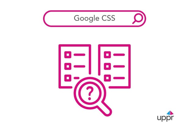 Grafik mit Suchleiste "Google CSS", darunter sind ein Listen-Icon und eine Lupe mit Fragezeichen