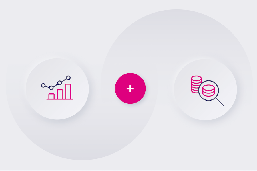 Links ist eine Wachstumskurve, rechts ein Geldstapel mit Lupe – die Icons symbolisieren Affiliate Partnerships mit uppr
